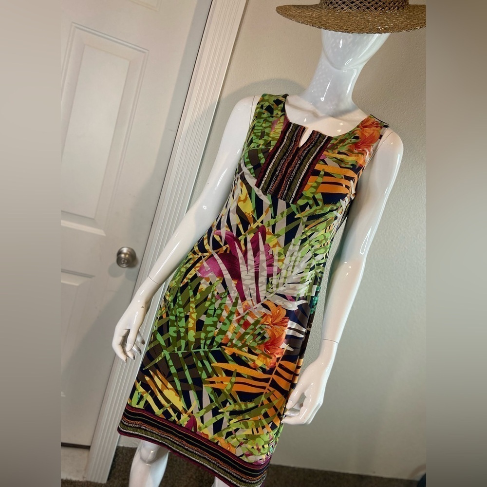 Allison Daley~Bold Multi-Color Tropical Print Sheath Dress~Scoop V-Neck~Size 6P